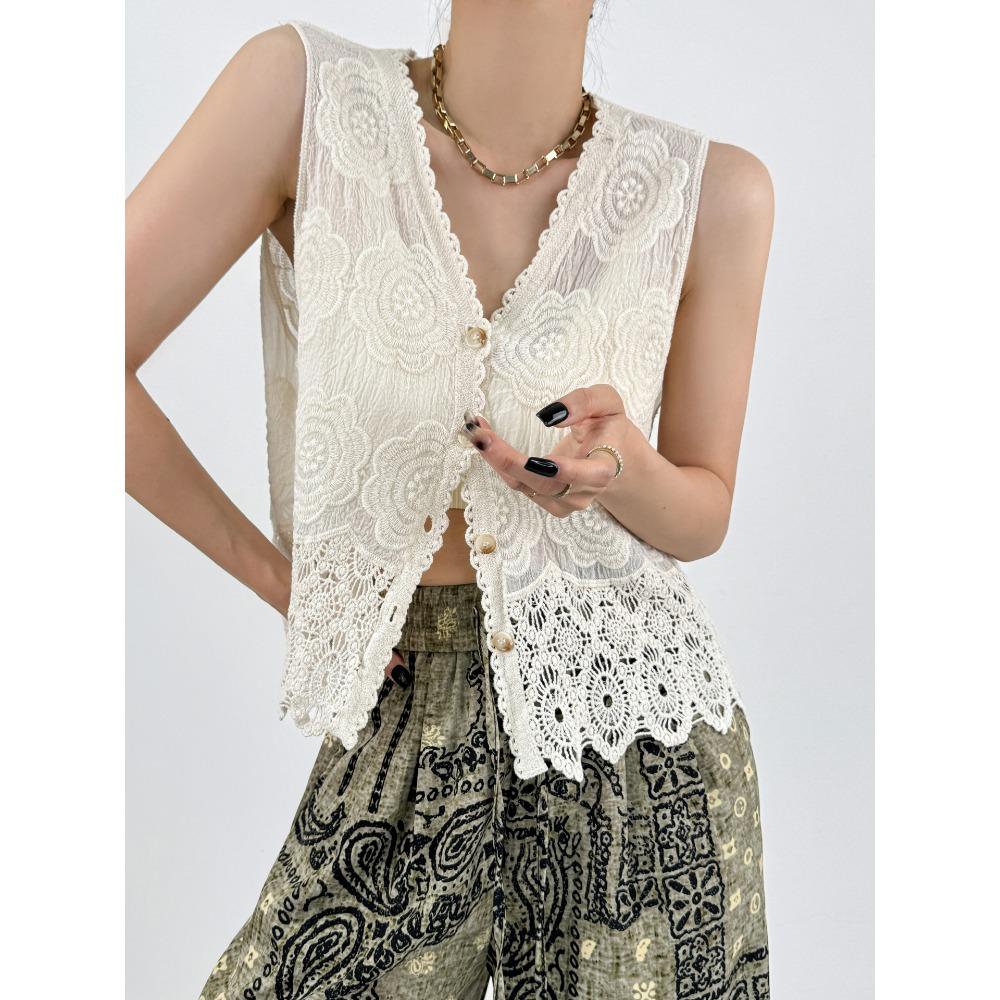 DIMANAF 2025 Neues Kurzarm-T-Shirt für Damen, ärmellos, mit Knöpfen, Strickspitze, V-Ausschnitt, Sommer-Basic-Tops, lockere Passform