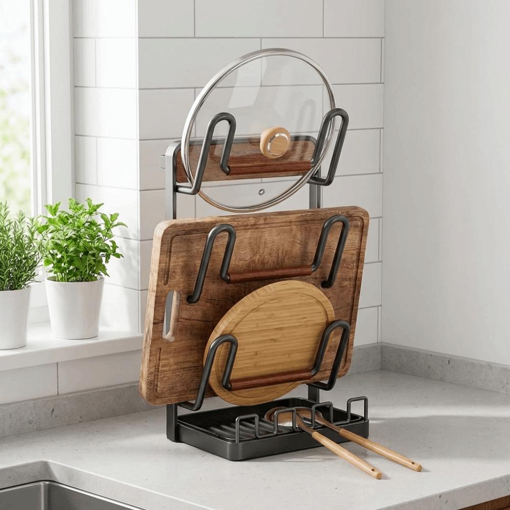 Carbon Steel Pot Lid Rack Space Saving Stable Cutting Board Holder with Spoon Rest Removable Drip Tray Pot Cover Shelf Cabinet