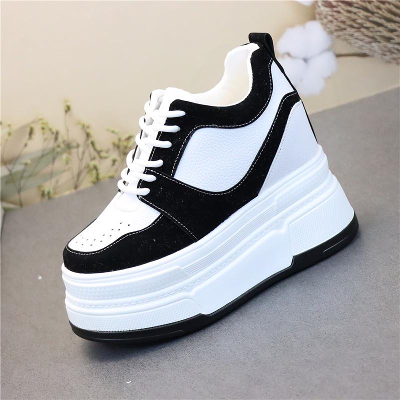Fashion 12CM Genuine Leather Thick Sole Ankle Booties Lace Up Autumn Spring Hidden Heels Fashion Vulcanize Shoes