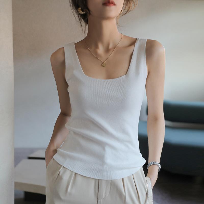 Summer Thin Knitted Square Collar Vest Small Halter Women Can Take Loose Outside To Wear Sleeveless White Tops Fashion Trend