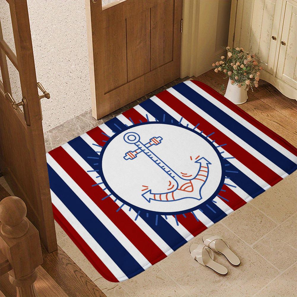 Nautical Anchor Doormat Navy Blue Red Stripe Entrance Rug Sailing Theme Non-Slip Welcome Floor Mat Coastal Home Decor