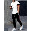 Color Block Letter Men's Set, Three-color Patchwork Short-sleeved Shirt And Long Pants, Simple And Casual