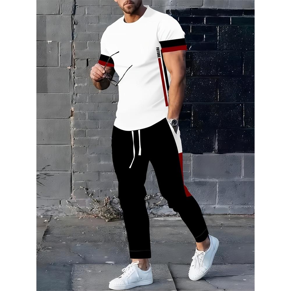 Color Block Letter Men's Set, Three-color Patchwork Short-sleeved Shirt And Long Pants, Simple And Casual