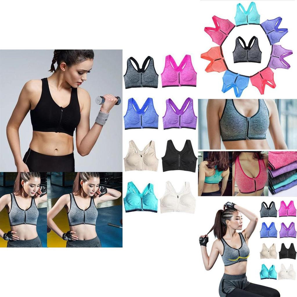 Womens Zip Front Wireless Padded Sports Bra Yoga Cami Push Up Support Top Vests