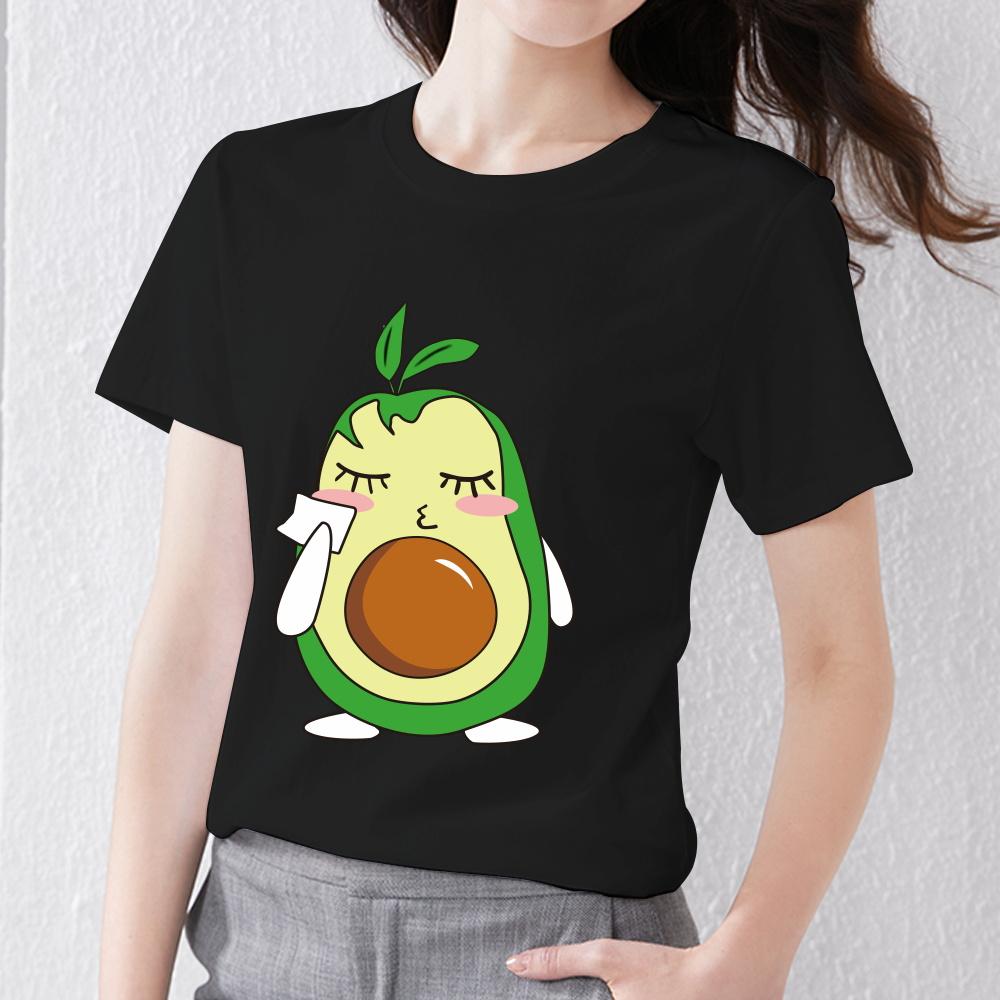 T-shirt Small Fresh Women's T-shirt Cartoon Cute Avocado Print Sweet Short-sleeved Soft Slim Fit O-neck Black Dirt-resistant Top