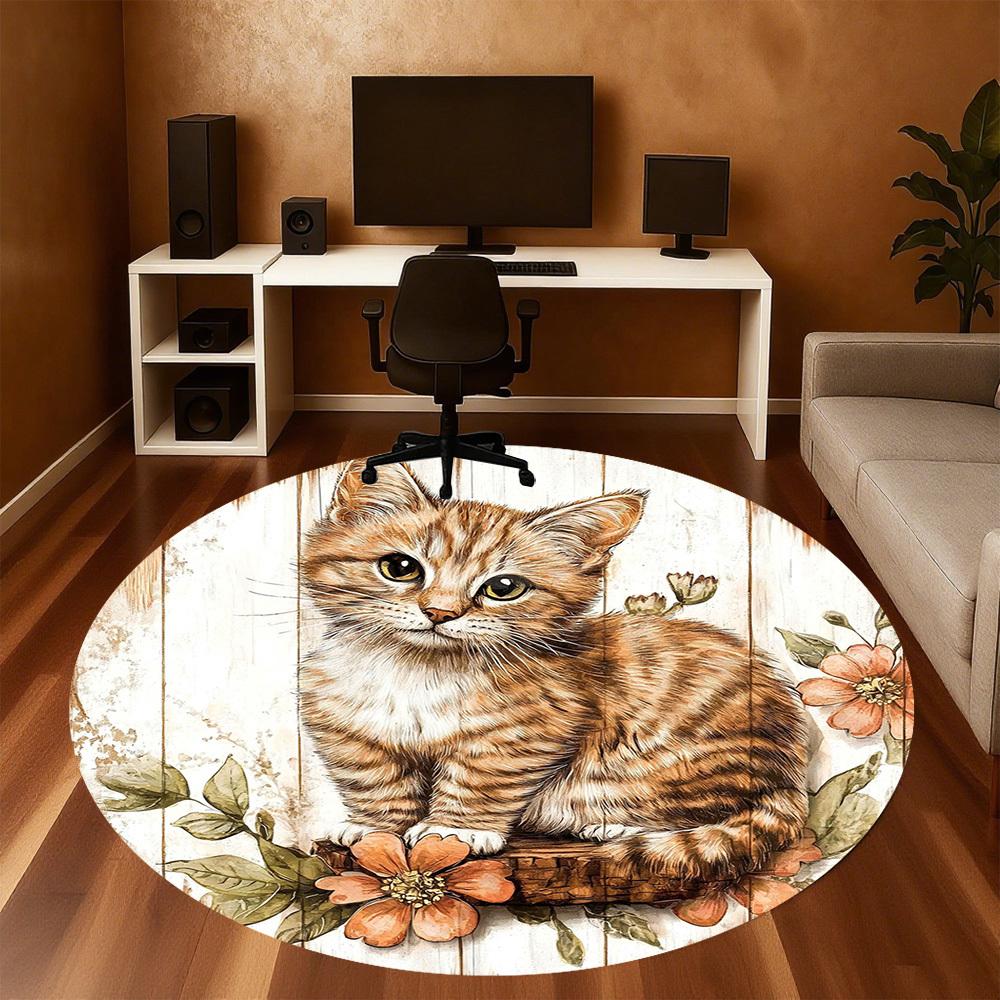 1PC Cat Flowers Office Round Area Rug, Under Office Chairs Bedroom Living Room Home Decor, Carpet for Office -1110102
