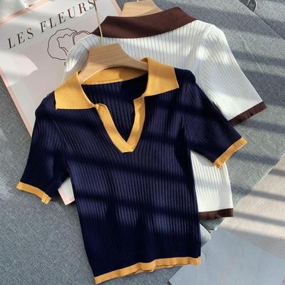 Women's 2024 Summer Ice Silk Short Sleeve Polo Top - Color Block Slim-Fit Knitwear