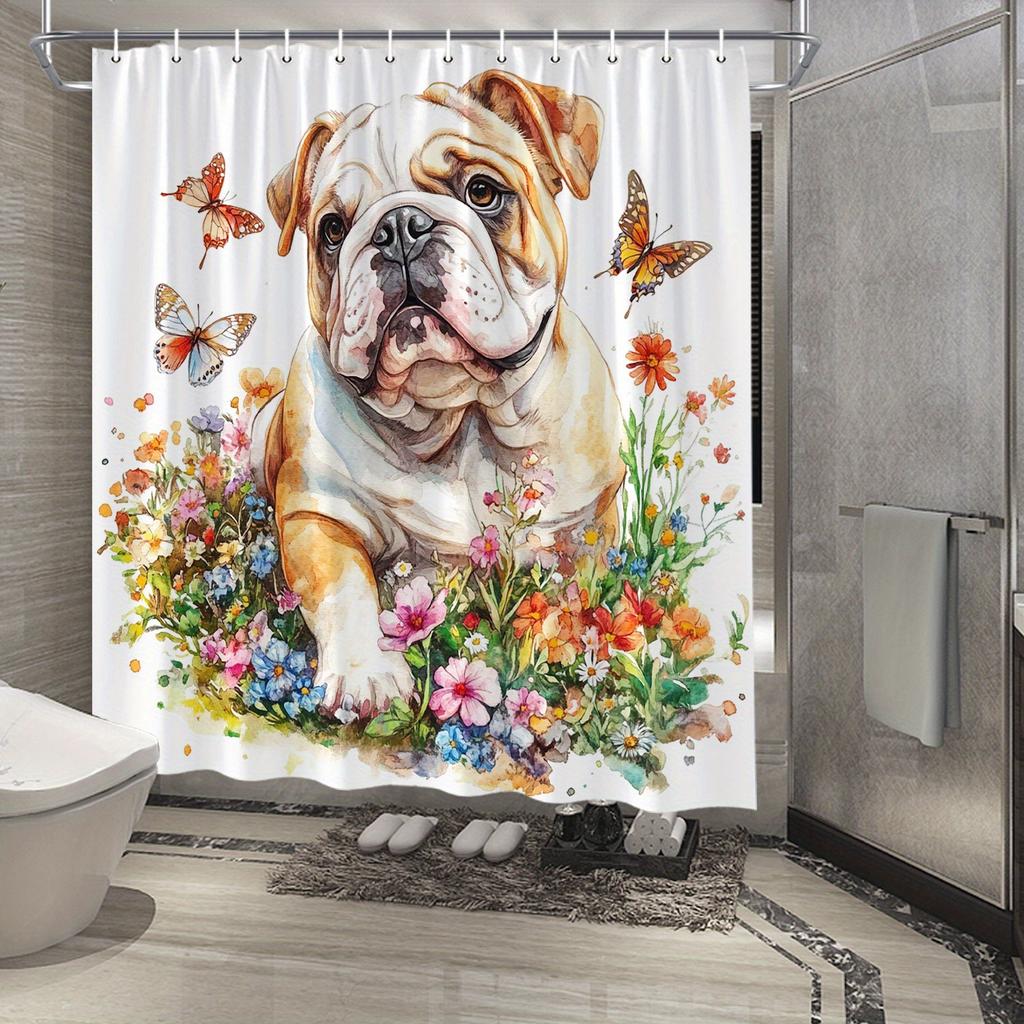 English Bulldog & Butterflies Shower Curtain - Watercolor Design, Water-Resistant Polyester, 12 Hooks, Landscape Theme