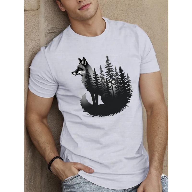 European Sizes Men'S Casual Fox Silhouette & Forest Landscape T-Shirt - Short Sleeve, Crew Neck, Summer Top with Slight Stretch, Regular Fit