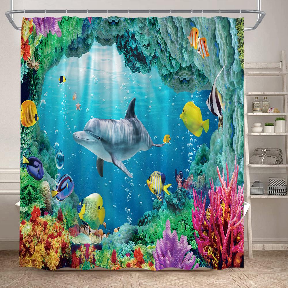 Ocean Animals Sea Turtle Shower Curtains Tropical Fish Coral Underwater Nature Scenery Child Bath Curtain Home Bathroom Decor