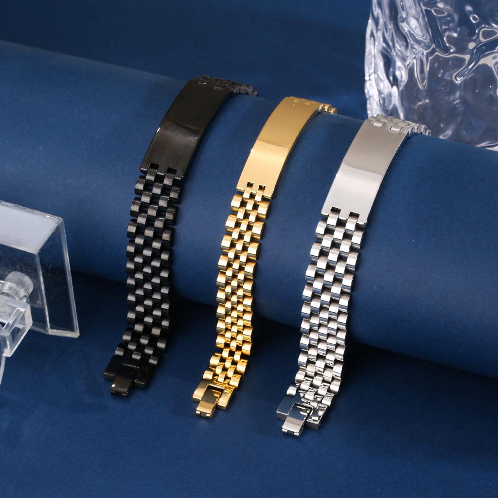 15mm Wide Curved Bar Watch Band Bracelet for Men Stainless Steel Adjustable Titanium Steel Korean Fashion Jewelry