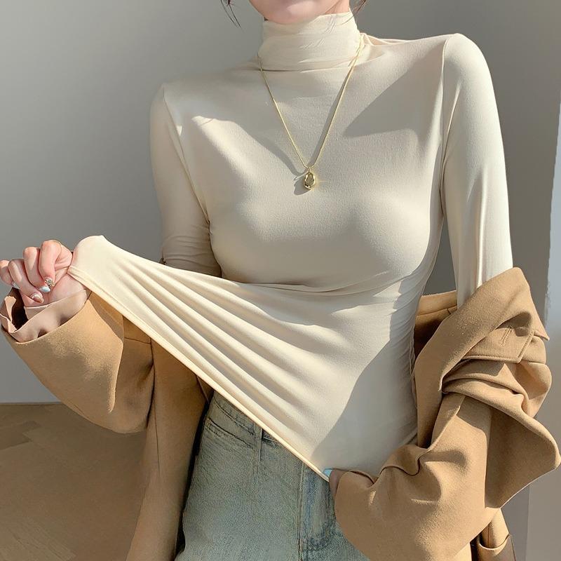 Women's Half-high Neck Inner Wear Autumn and Winter Sanding Base Shirt Slim-fit Warm Outer Wear Long-sleeved T-shirt Top