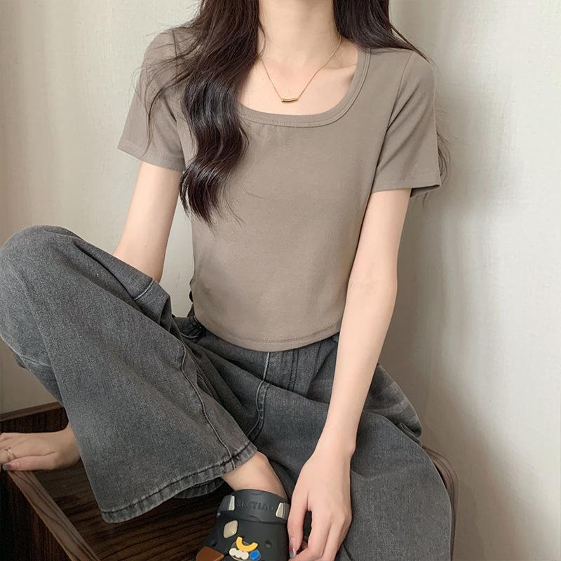 Threaded Short-sleeved T-shirt for Women, Hemmed Collar, Summer Hem, Curved Design, Short Hot Girl Petite Style Top