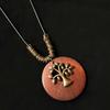 Ethnic Style Cotton-Linen Wooden Sweater Chain Necklace with Alloy Leaf Pendant