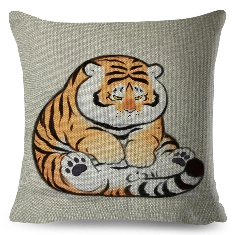 Grappige dikke tijger kussenhoes, schattige cartoon dieren kussenhoes voor bank, huis, auto, linnen, Chinese inkt sierkussenhoes
