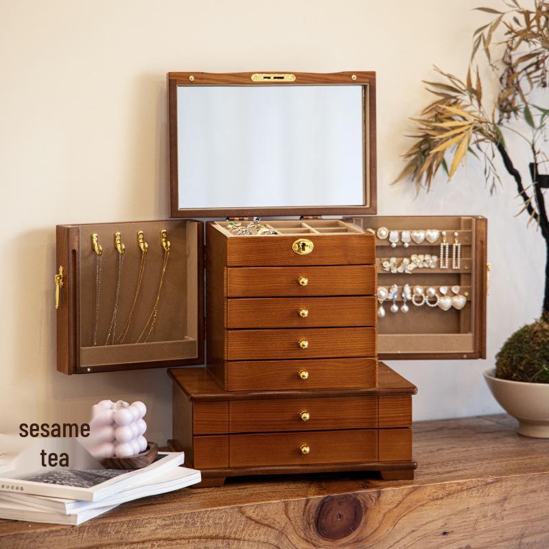 Solid Wood Jewelry Box: High-End Large Capacity for Earrings, Rings, Necklaces - Exquisite Ancient Style for Newlyweds