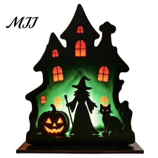 Witch Silhouette Decor Wooden Table Centerpiece, Spooky Castle Black Cat Standing Matte Halloween Decoration Tabletop Ornament for Party, Desk