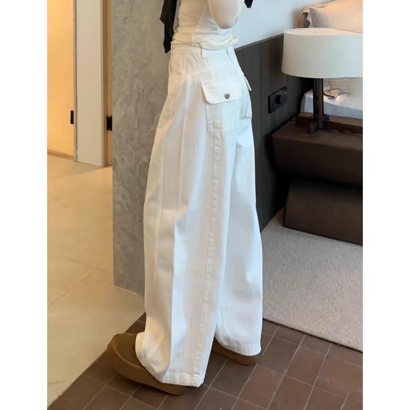 White Wide Leg Cutlass Jeans Women's Spring Loose Straight Leg Long Denim Trousers Casual Streetwear Y2K Style Pants