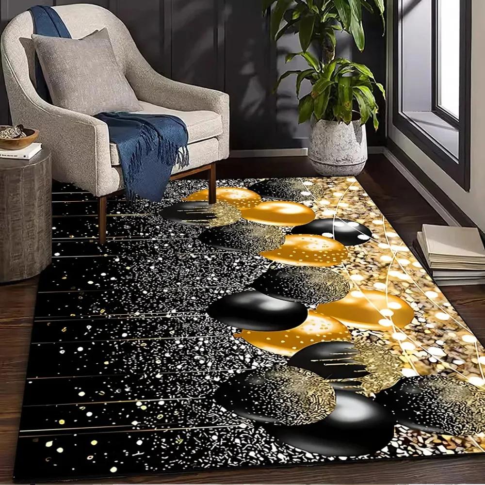 Black & Gold Photo-Inspired Area Rug – Luxe Polyester Plush Carpet for Living Room Bedroom Porch, Indoor Floor Mat Decor