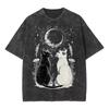 Vintage Funny Moon and Cats Design Men Women's Washed T Shirt Meme Cat Y2k Streetwear Cotton Oversized Tee Unisex Summer Tops