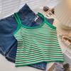 Women's Casual White&Green Striped Knitted Crop Top Korea O-Neck Female Multi Color Optional Striped Knitted Tank Top
