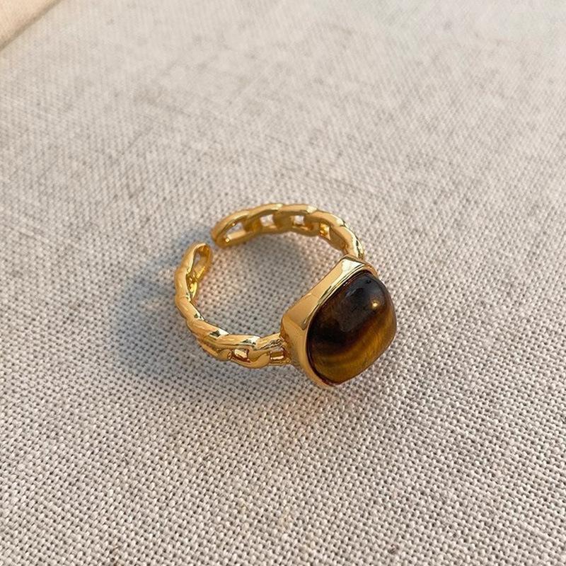 Vintage Brown Tiger Eye Stone Open Ring for Women Irregular Round Personalized Finger Ring Design Sense Jewelry Gift