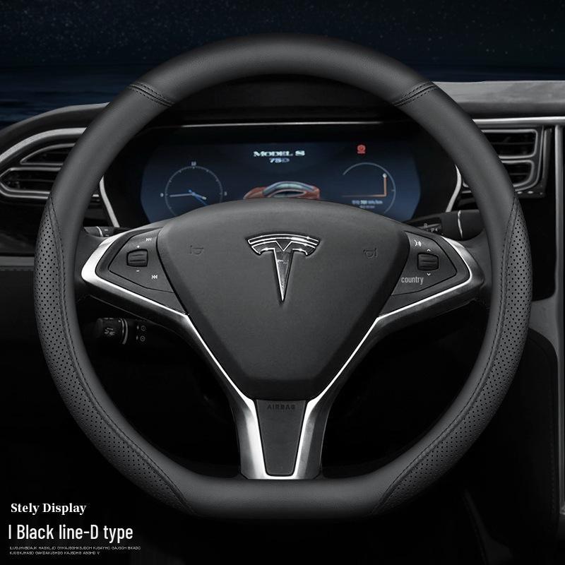 Tesla Steering Wheel Covers: Genuine Leather, Anti-Slip, All-Season, Fits Model 3/Y/X/S