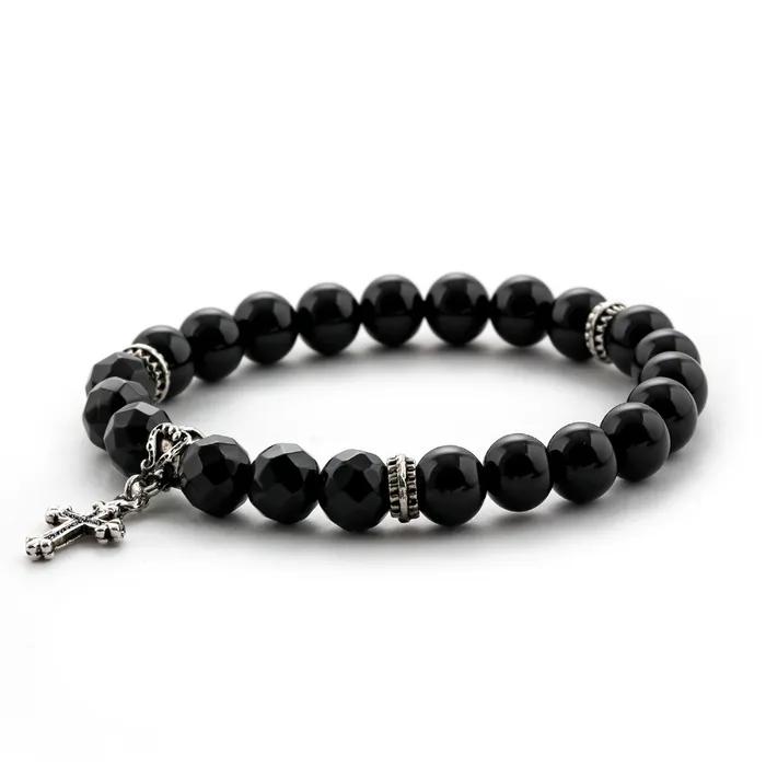Natürlicher Stein Schwarzes Cut Cross Onyx Perlenarmband C22SVB-1002
