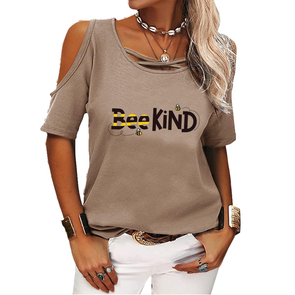 Women Fashion Print Tee Shirt Summer Off Shoulder Short Sleeved Top Ladies Casual O Neck T-shirt