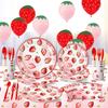 Strawberry Themed Party Supplies Birthday Decoration Balloons Picnic Plates Cake Saucers Children's Dessert Counter Decoration Cutlery