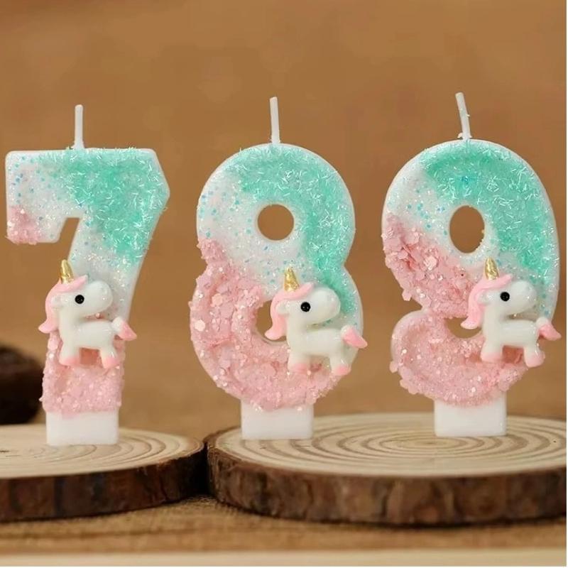 3D Number Birthday Candle Pink Glitter Unicorn Cake Decorating Party Anniversary Cake Decor for Cake Children's Birthday Candle