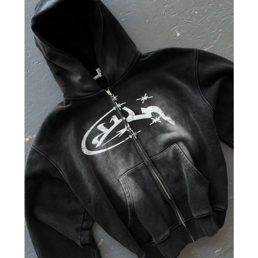 RogueWave Vintage Praná Zipová Mikina Y2K Bunda Rock Hip Hop Patchwork Oversized Mikina Svetr Dlouhý Rukáv Topy