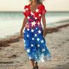 Women’s V Neck Short Sleeve Maxi Dress with Star and Stripe Print Loose Fit Summer Casual Long Dress for Everyday Wear