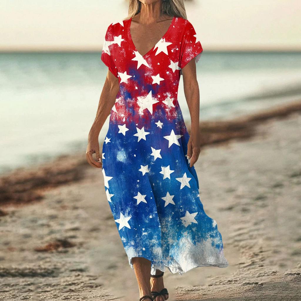 Women’s V Neck Short Sleeve Maxi Dress with Star and Stripe Print Loose Fit Summer Casual Long Dress for Everyday Wear