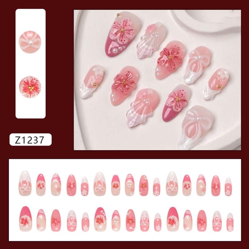 30Pcs Press On Nail 3D Ice Transparent Floral Designs And Pearls Bows Accents For Sweet Elegant Style