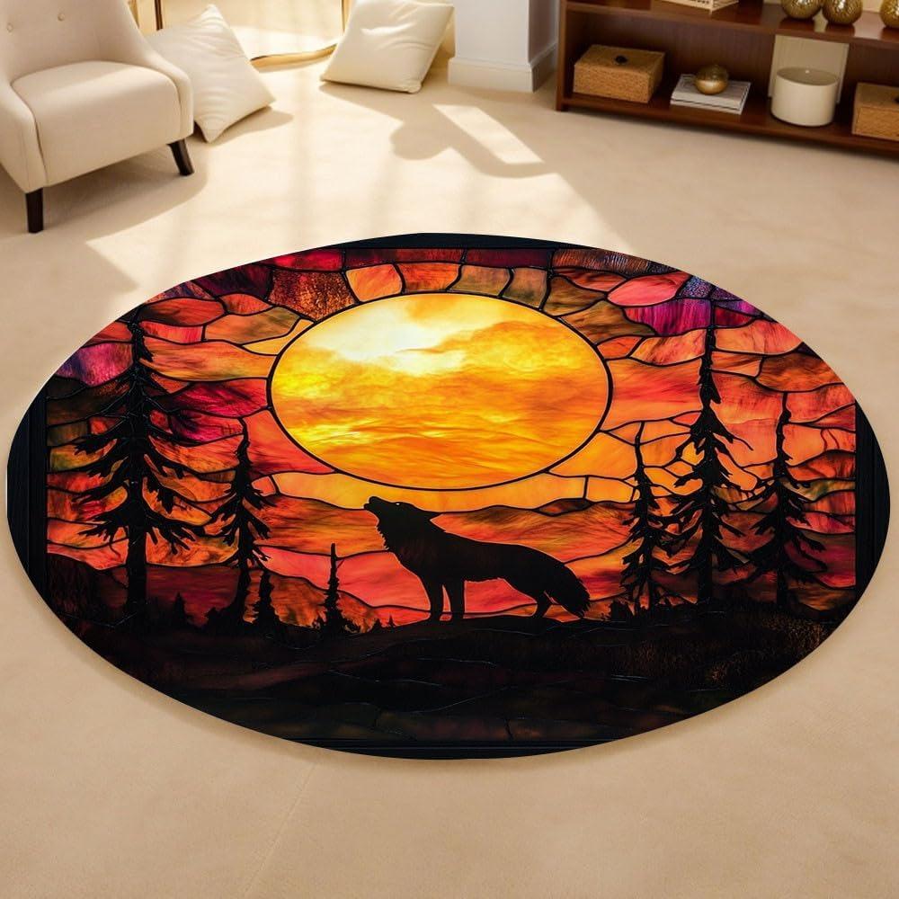 Tapis Rond Vitrail Loup Hurlant Silhouette de Loup Art Décoration de Sol Antidérapante Tapis pour Salon Chambre Décoration de Maison