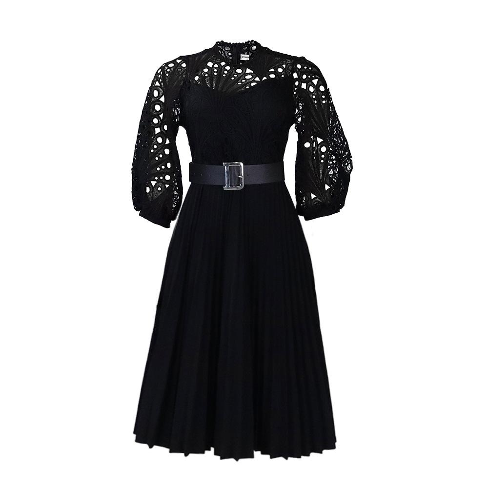 Reress Summer Plus Size Lace Crochet Sexy Hollow Pleated Dress Dress
