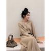 Light and Mature Style V-neck Knitted Dress Autumn New High-end Temperament Loose Split-ended Long Dress Women