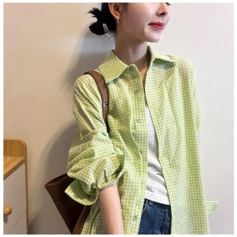 Checkered Style Women's Shirt Loose Turn-down Collar Buttons Single Pockets Ladies Long Sleeved Shirts Spring Casual Comfortable Female Top