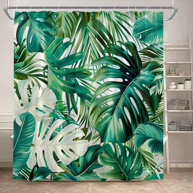 Leaves Shower Curtain Green PTropical Alm Leaf Monstera Plant Bath Curtains Set Polyester Fabric Home Bathroom Decor with Hooks