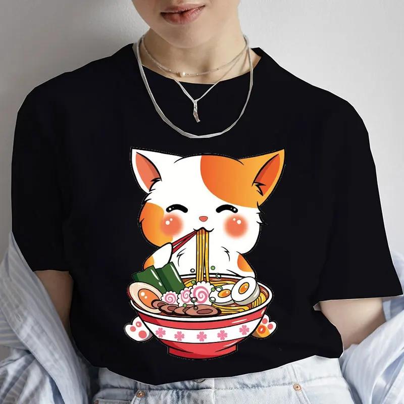 Camiseta de Anime para Mulheres Camiseta Estampada com Macarrão de Anime Japonês Camisetas Fofas de Gatinho com Macarrão Lamian