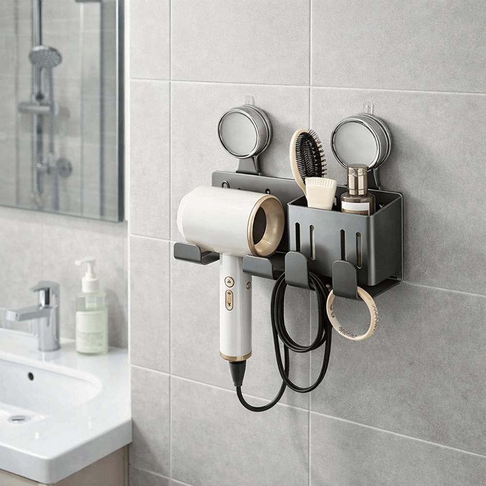Carbon Steel Suction Cup Hair Dryer Holder No-Drill Large Capacity Hair Dryer Storage Rack Wall Mounted Space Saving