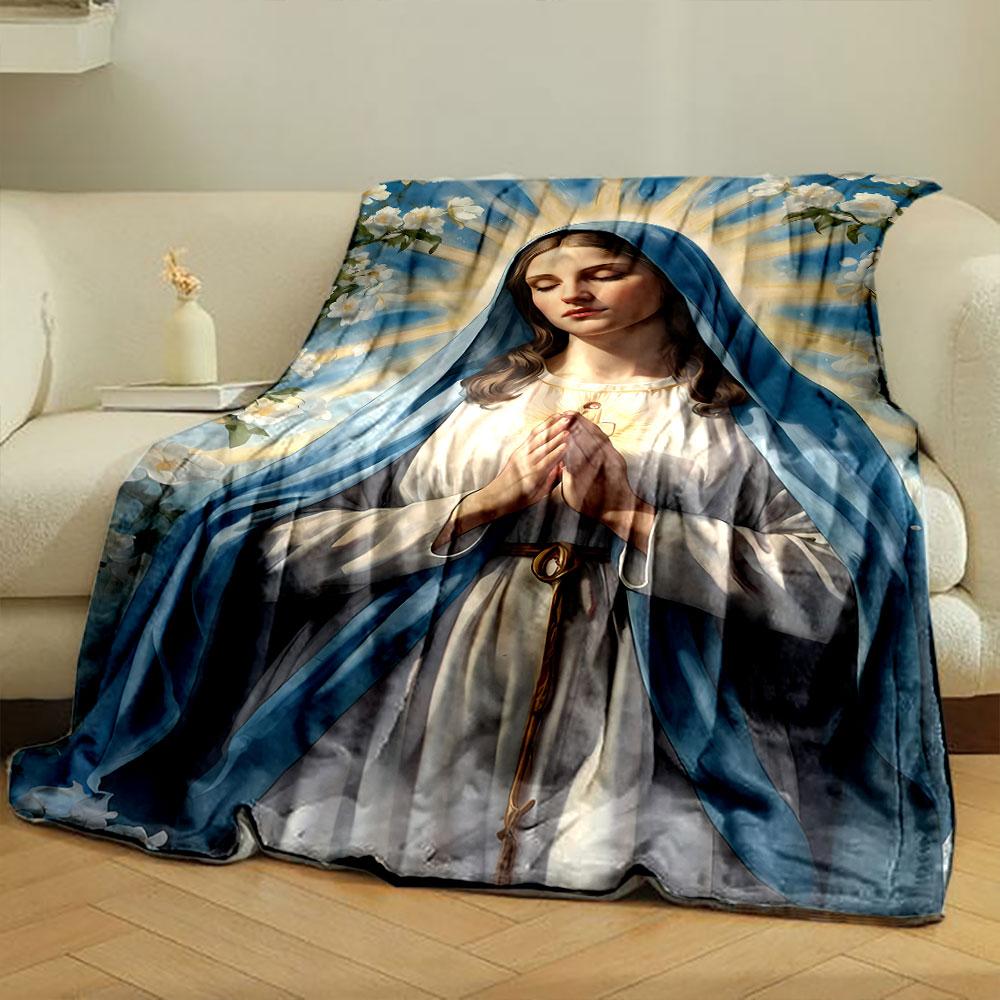 Blessed Virgin Mary Prayer Floral Blanket Printed Blanket for Living Room Bed Couch Lunch Break Soft Cozy Blanket for Friend's Festival Gift