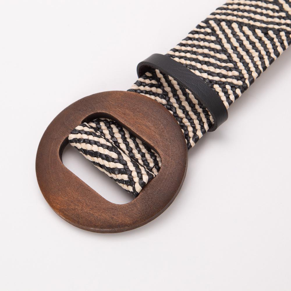 Curea de talie elastică țesută rotundă din lemn, stil boem, pentru femei - Accesoriu pentru rochie de vară