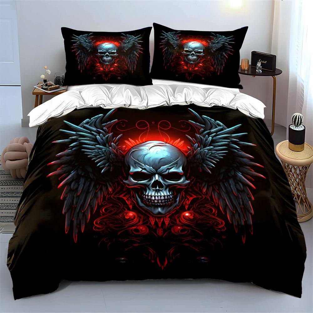 Skull with Wings Gothic Style Bedding Duvet Cover Set (1*Duvet Cover 2*Pillowcases, Without Duvet Insert)