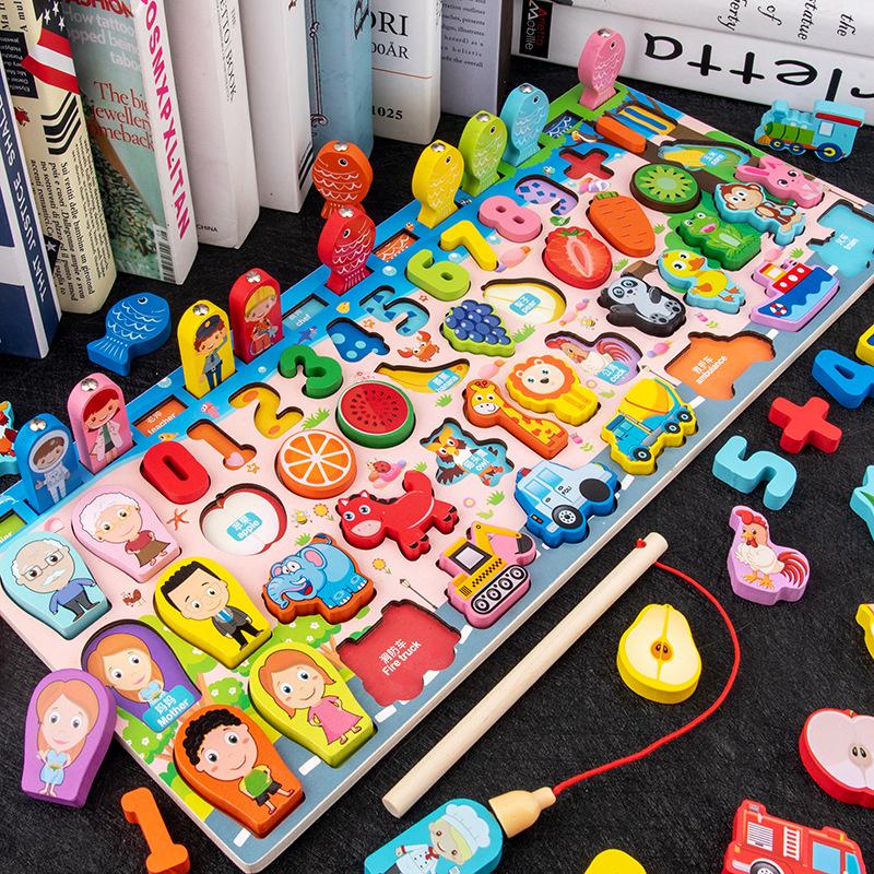Montessori Wooden Number Puzzle Shape Sorter Counting & Matching Game Magnetic Fishing Game Logarithmic Board Toy for Kids Gifts