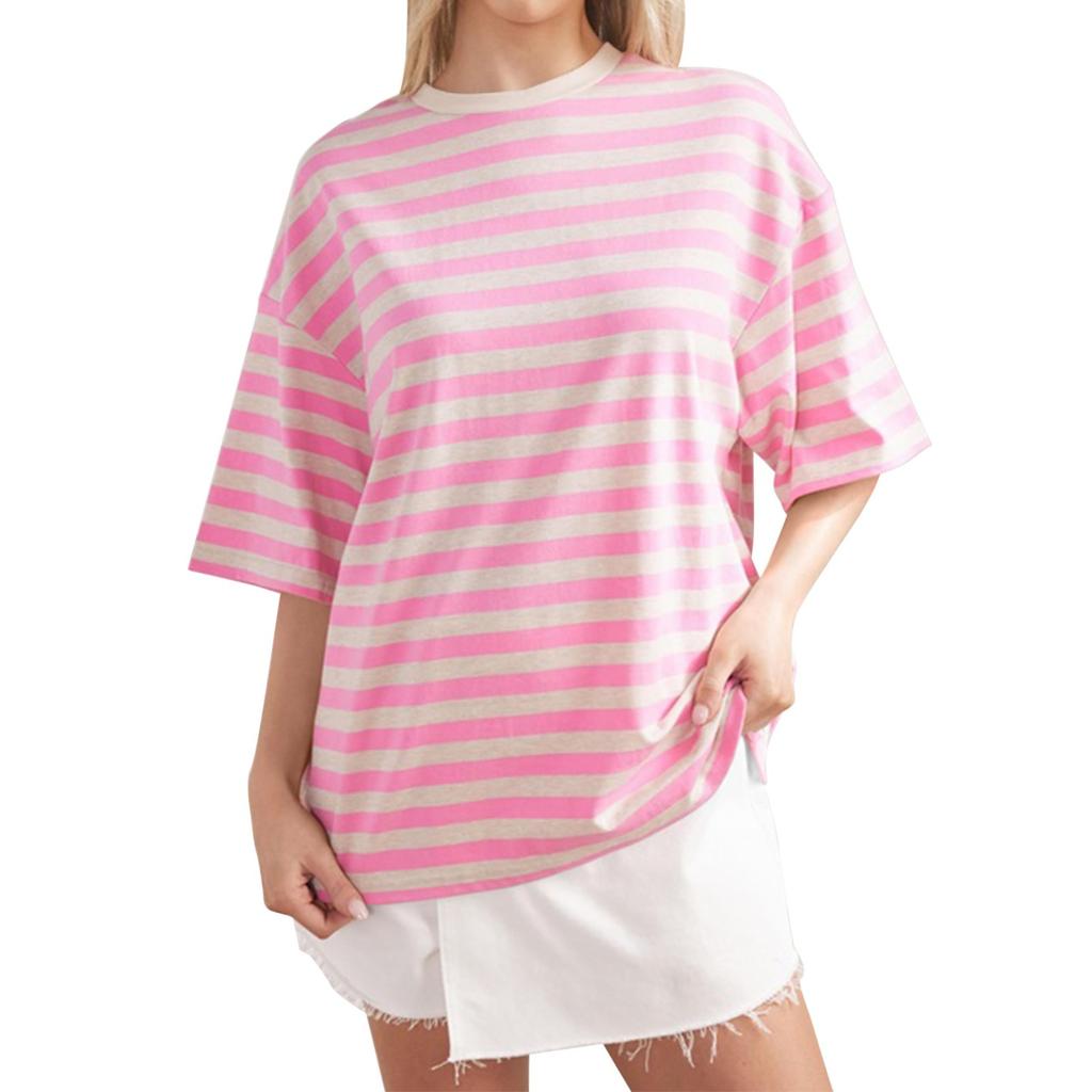 Women's Large Striped Color Blocking Short Sleeved Round Neck Sports Shirt Casual Loose Pullover Top