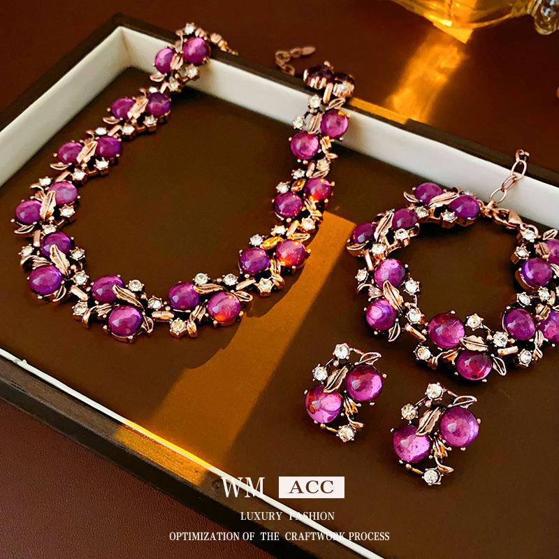 Vintage Rhinestone Necklace with Distressed Metal Leaves and Flowers - Retro Style