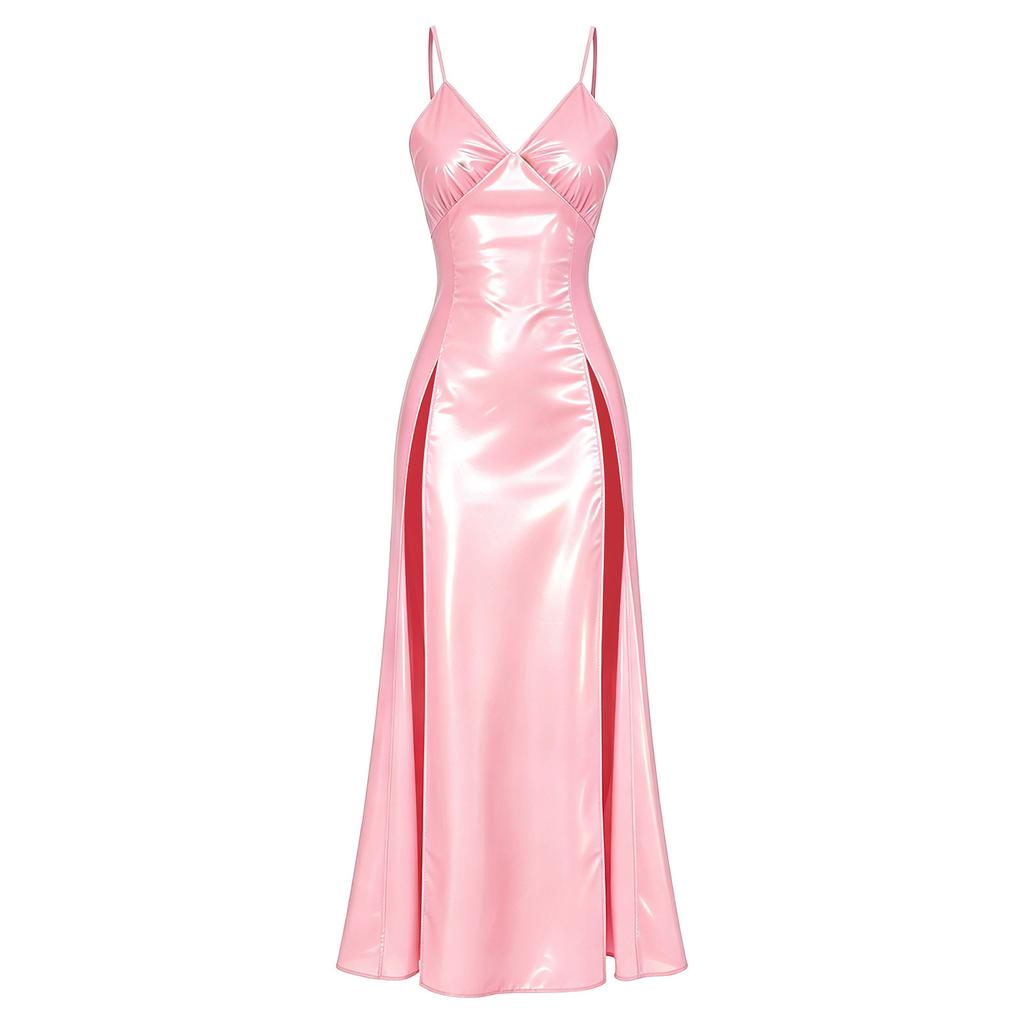 Women Glossy Waterproof Sling Sleepdress V Neck Thin Strap High Waist Side Slit Vinyl Clubwear for Rave Party Beach Night Out