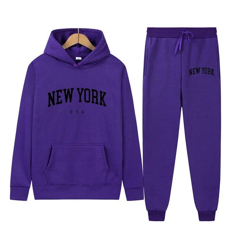 New York Letter U.S.A City Hoodies + Pants 2 Pieces Sets Men Fashion Sweatshirts Women Casual Hooded Pullovers Sportwear Suit